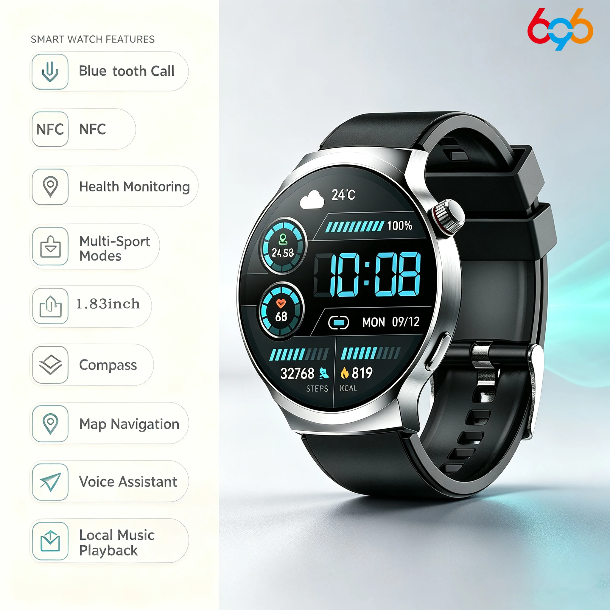 696 Men Blue Tooth Call 1.8" Smart Watch NFC Heart Rate Health Waterproof Watches Sports Compass Map Navigation Music Smartwatch
