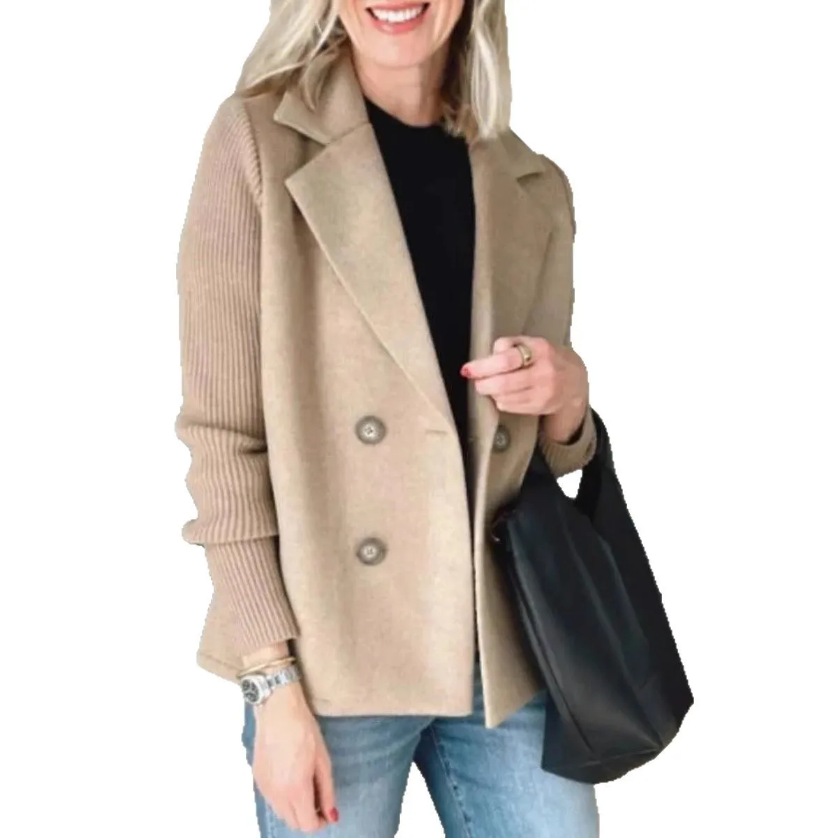 Patchwork Regular Fit Coat Elegant Commuter with Standard Length Pockets Regular Length Long Sleeves Medium Weight Women Coat