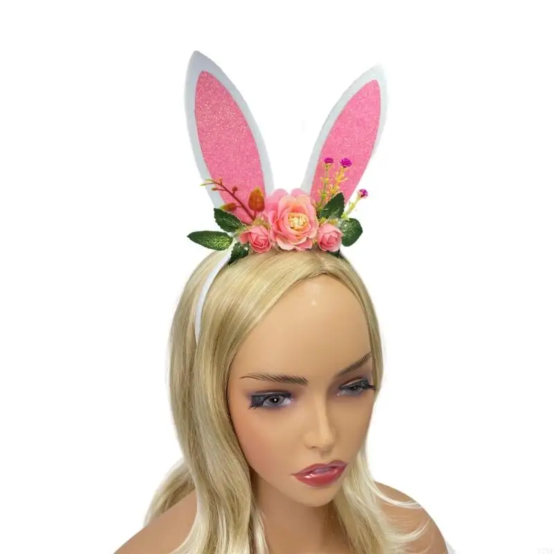 N7YF – bandeau oreilles lapin pour adultes adolescents, bandeau à fleurs pour filles, diffusion en direct, décoration
