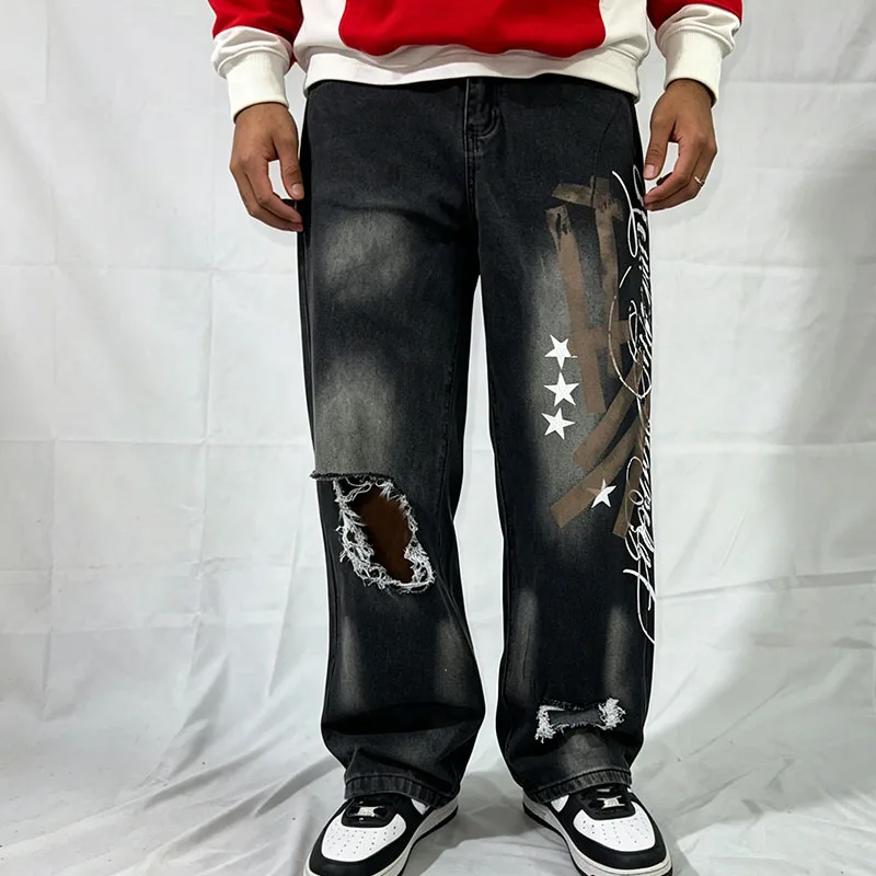 Autumn European American Washed Cat Whisker Broken holes Denim Letter Printing Loose Straight Leg Pants Men's Women's Clothing