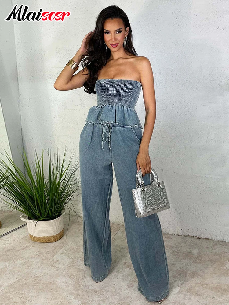 Mlaiscsr Blue Denim Two 2 Pieces Pants Set Women\'s Ruffles Hem Elastic Strapless Crop Tops and Wide Leg Jeans Birthday Outfits