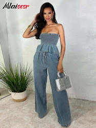 Mlaiscsr Blue Denim Two 2 Pieces Pants Set Women's Ruffles Hem Elastic Strapless Crop Tops and Wide Leg Jeans Birthday Outfits