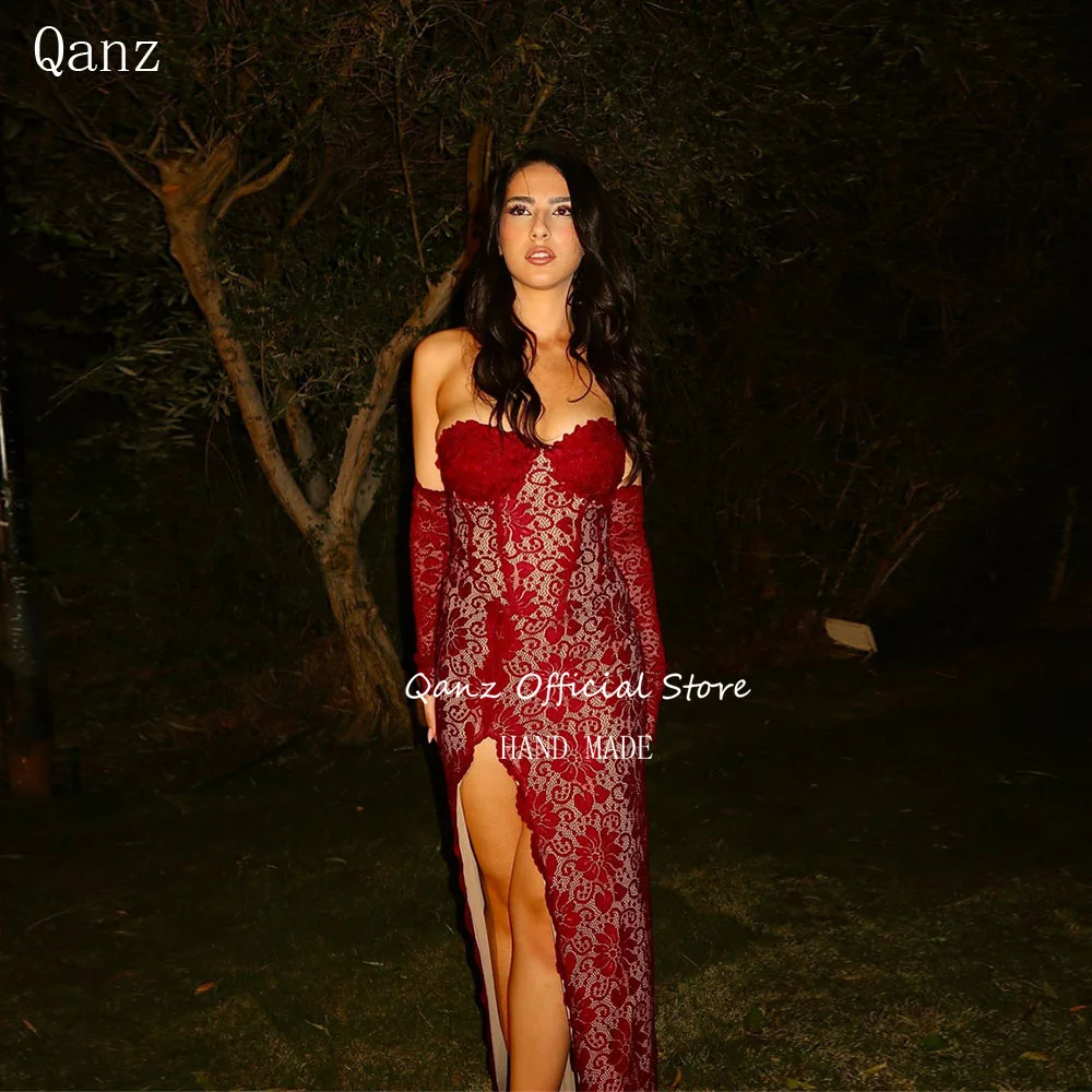 

Qanz Red Lace Appliques Evening Dresses Sweetheart Mermaid Dress Party Night For Women Slit Vestidos De Gala De Noche Customized