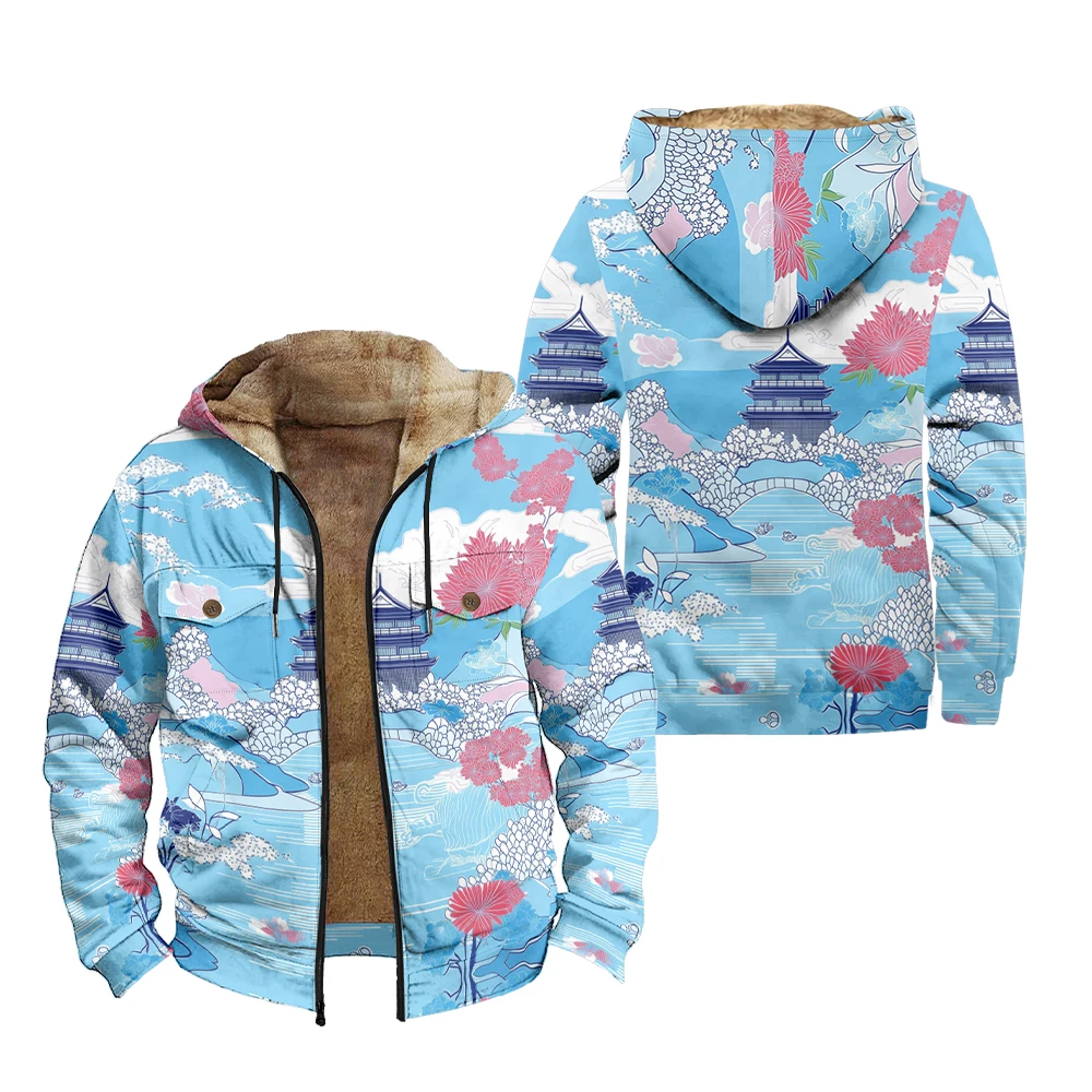 

Artistic Ocean Wave Hooded Zip-Up Jacket with Faux Fur Lining Sunset Sky Design Warm Japan Stylish Outerwear for Men and Women
