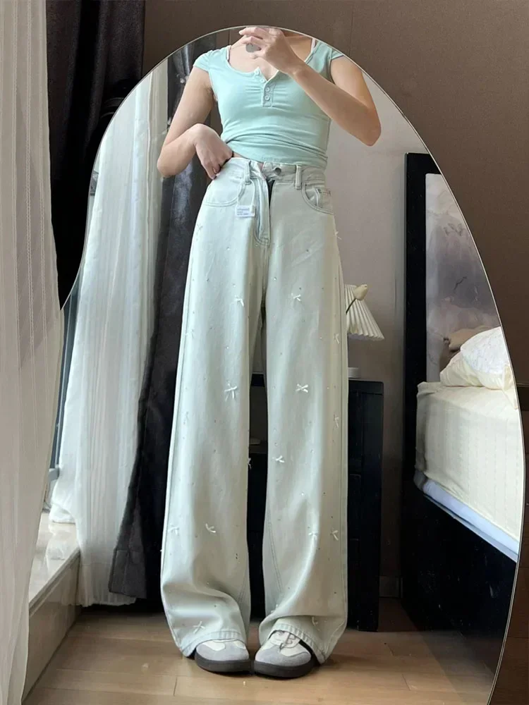 Large Size Light Blue Bow Hot Diamond Straight Jeans Female 2024 New Loose Women's Summer High Waist Drape Denim Wide Leg Pants