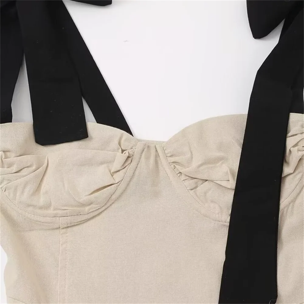 2024 夏のファッション新女性のリネン混紡カラーコントラストリボン装飾ブラジャースリムフィットデザインドレス