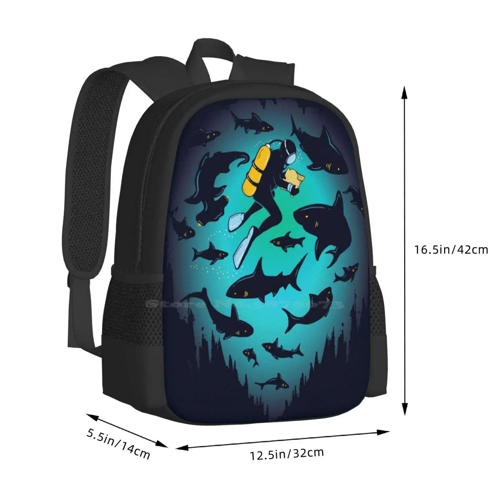 Screwed | Funny Shark And Diver Illustration Pattern Design Bag Student'S Backpack Scuba Diver Shark Underwater Ocean Deep Sea