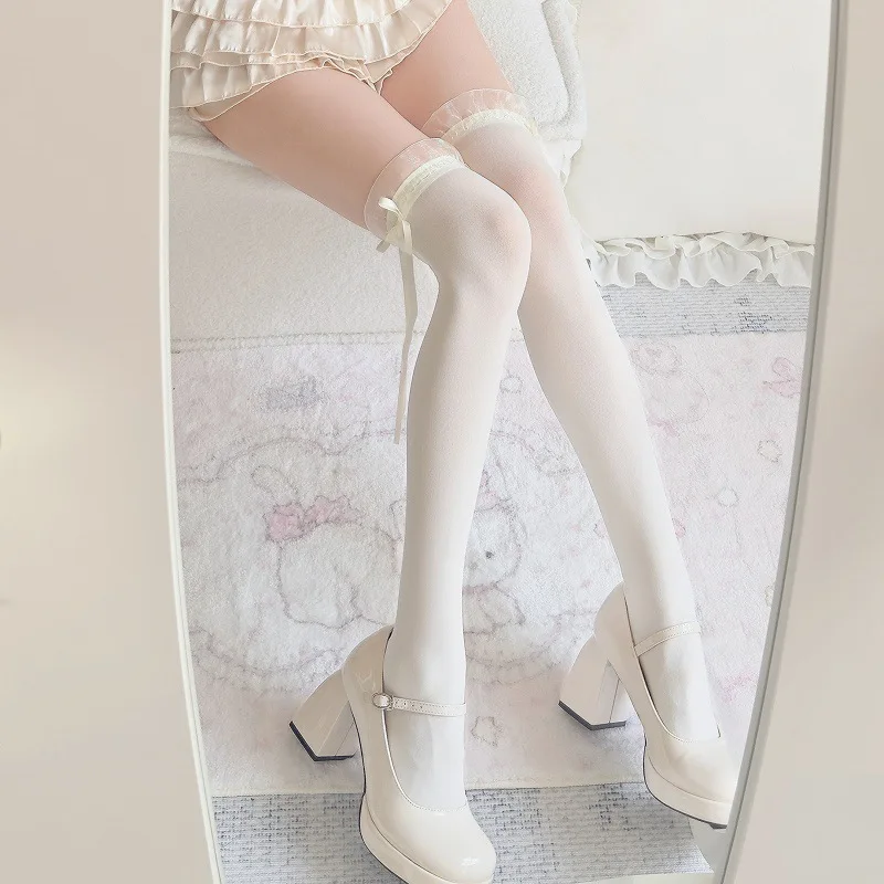 

White Lace Bow Thigh High Stockings Women,Sheer Over The Knee Socks Lolita Cosplay Romantic Date Thigh High Socks Long Socks