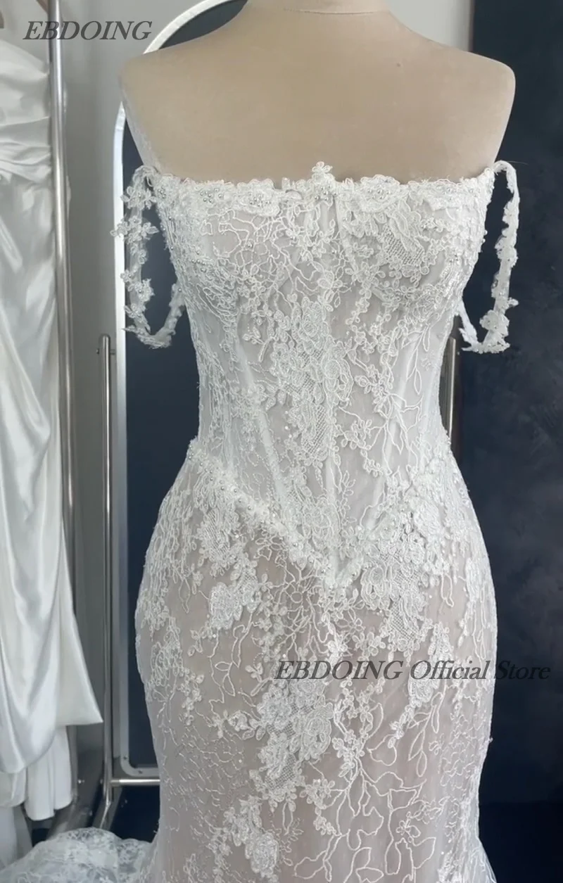 EBDOING فستان الزفاف حورية البحر الدانتيل قارب الرقبة العنق الكلاسيكية الباسك مع الديكور ثوب العروس مخصص
