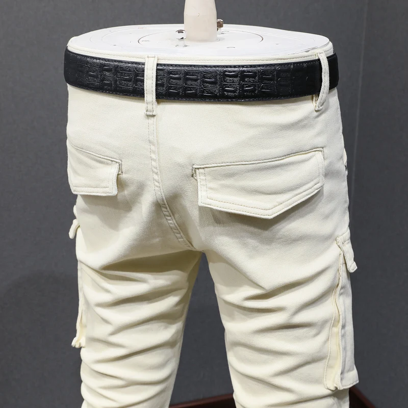 Street Fashion Men Jeans Beige White Stretch Slim Fit Spliced Biker Jeans Big Pocket Designer Hip Hop Denim Cargo Pants Men