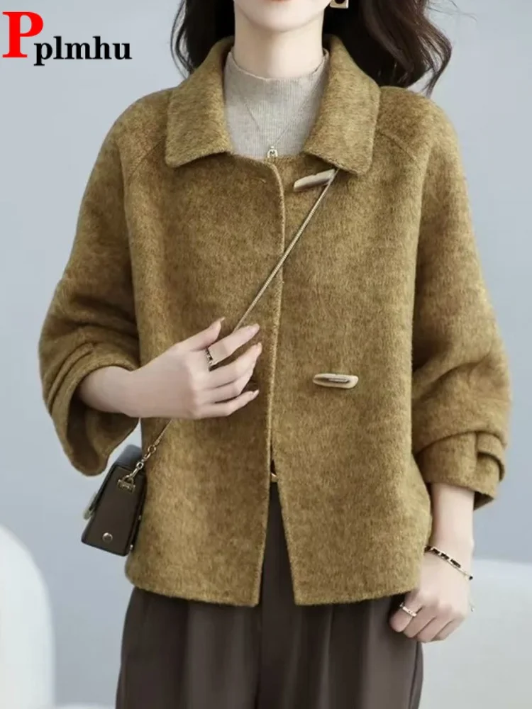 숏 혼 버튼 배기 재킷 코트 여성 캐주얼 엘레강트 울 재킷 턴다운 칼라 한국 패션 루즈 재킷