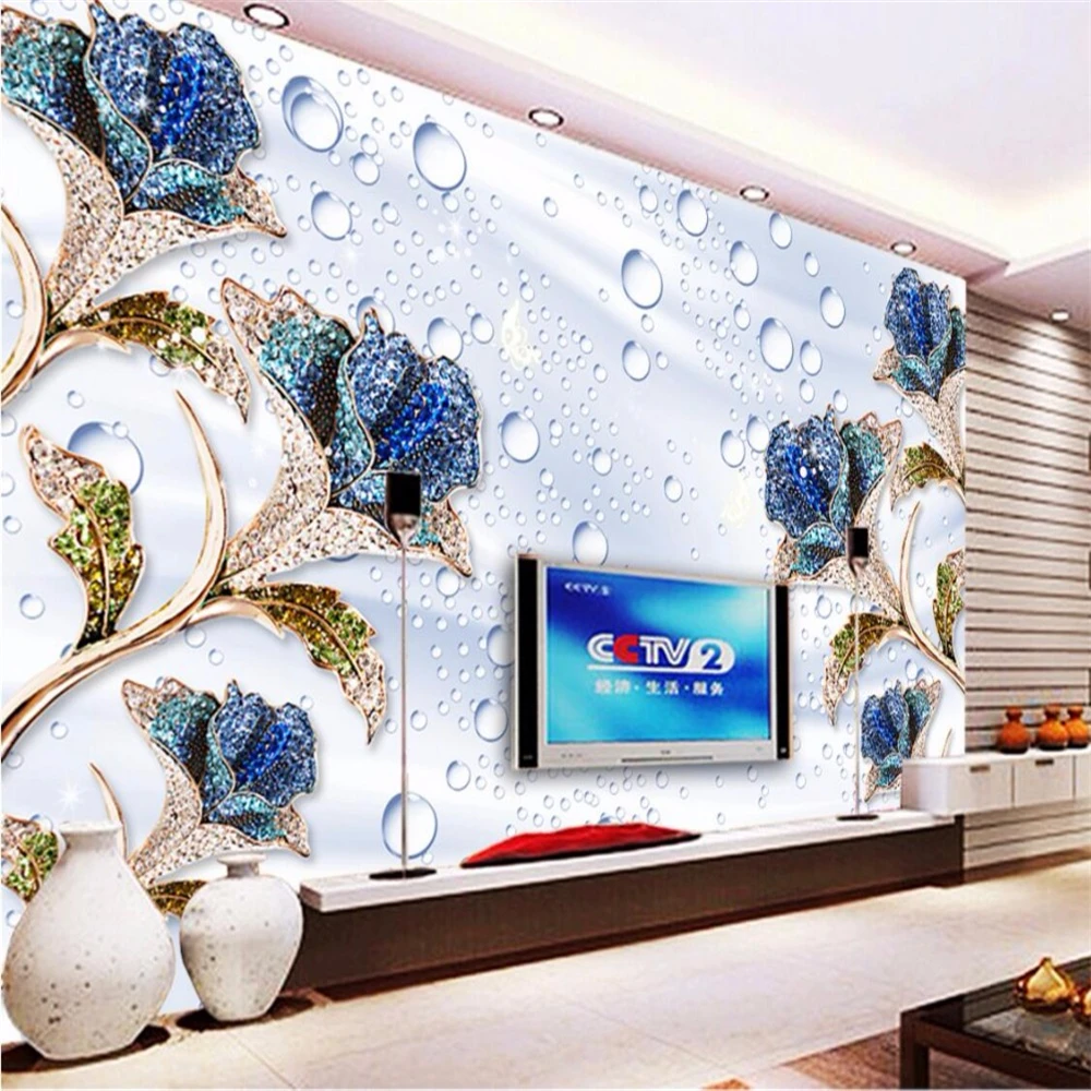 Blue Rose Water Drop 3D Custom Photo Wallpaper Large Mural Stereo Living Room Bedroom TV Background Home Decor Wall Paper