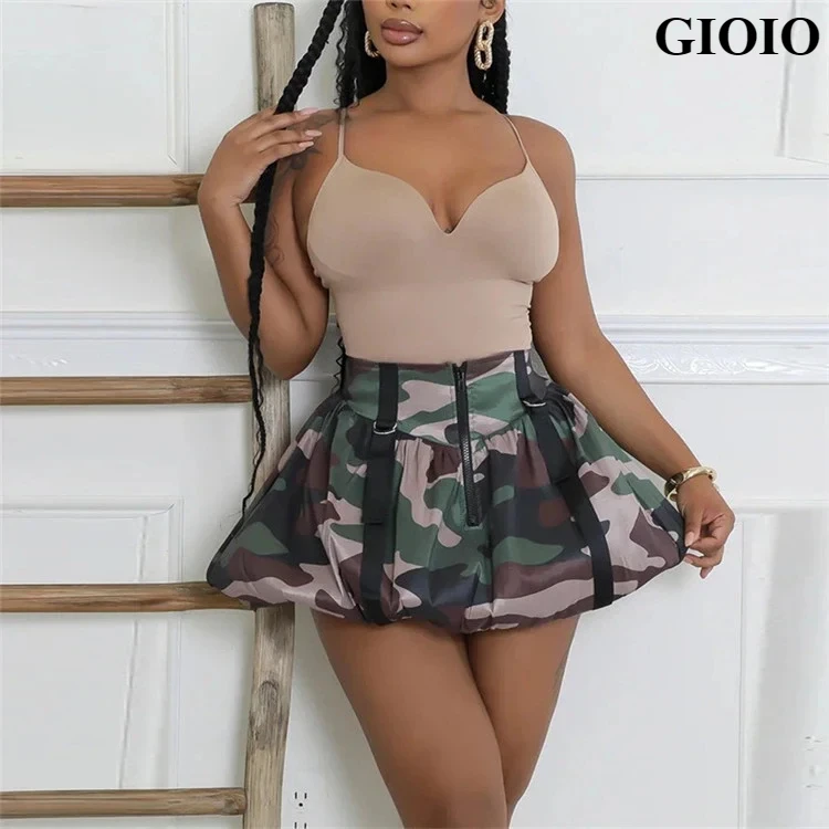 GIOIO Women Camouflage Slim Spliced Multiple Zippers Mini Skirts Autumn New Fashion A-line Skirts