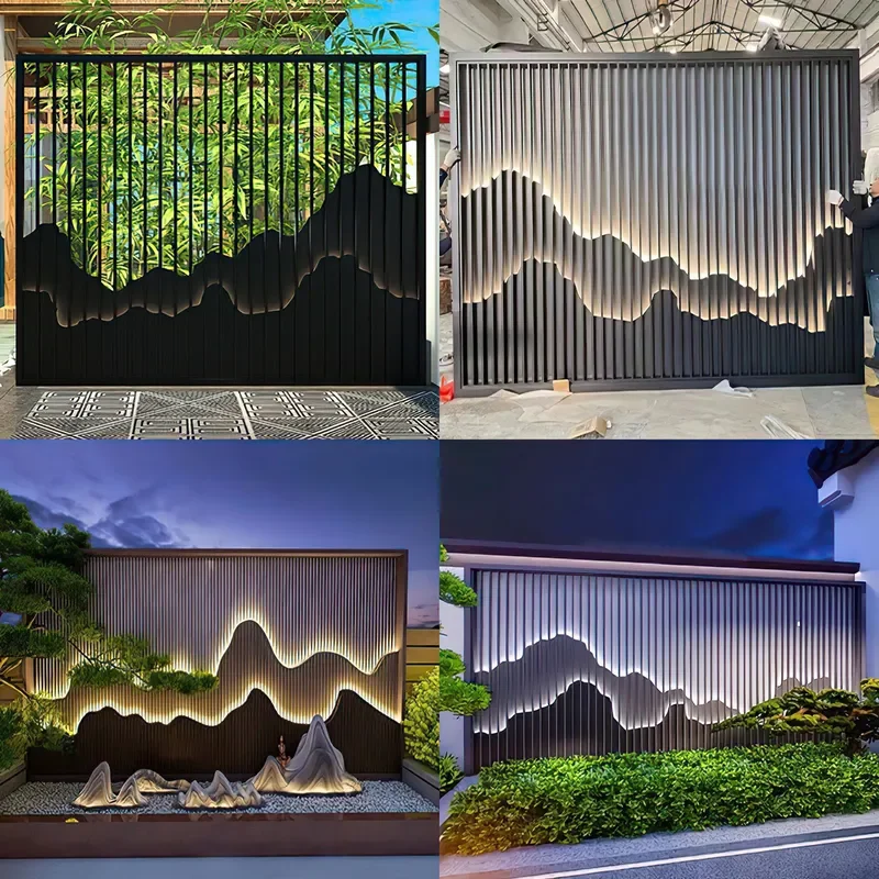 Stainless Steel Grille Screen for Hotel Entrance Outdoor Courtyard Garden Metal Background Wall Rockery Decoration with Lamp