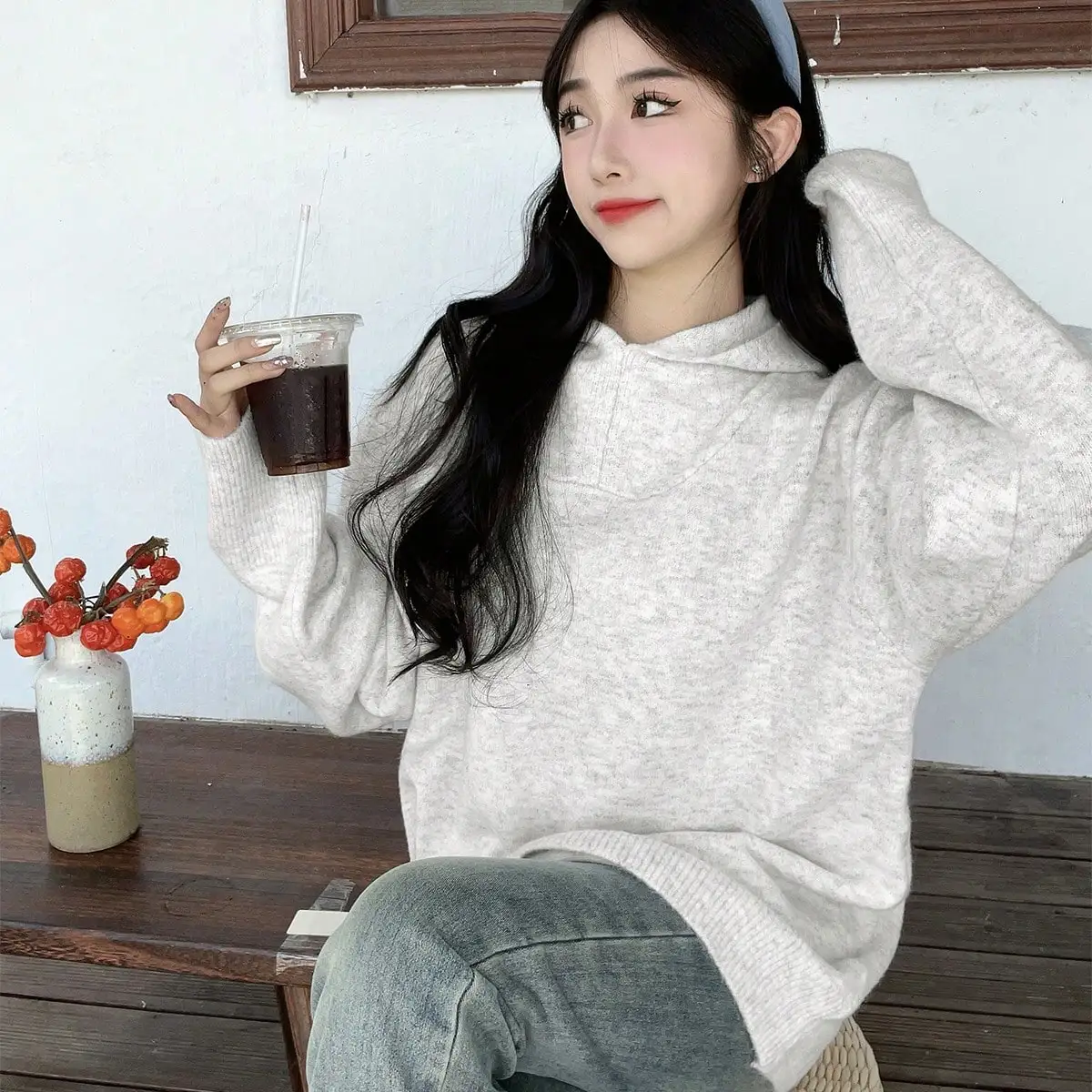

Lazy Style Hooded Gray Knitted Sweater for Women 2024 Autumn and Winter New Style Jacquard Loose Casual Pullover Long-Sleeved Top