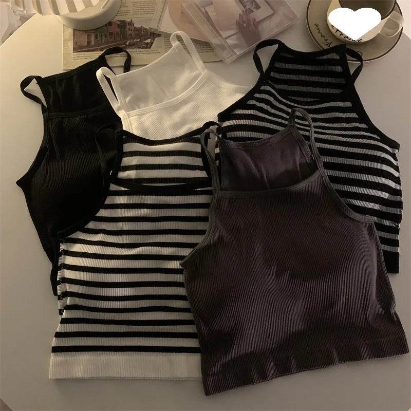 Koreanische Version Frauen Tank Tops Gewinde Feste Beiläufige Mode Crop Top mit Brust Pad Streifen Ärmellose Oberbekleidung Grundlegende Leibchen