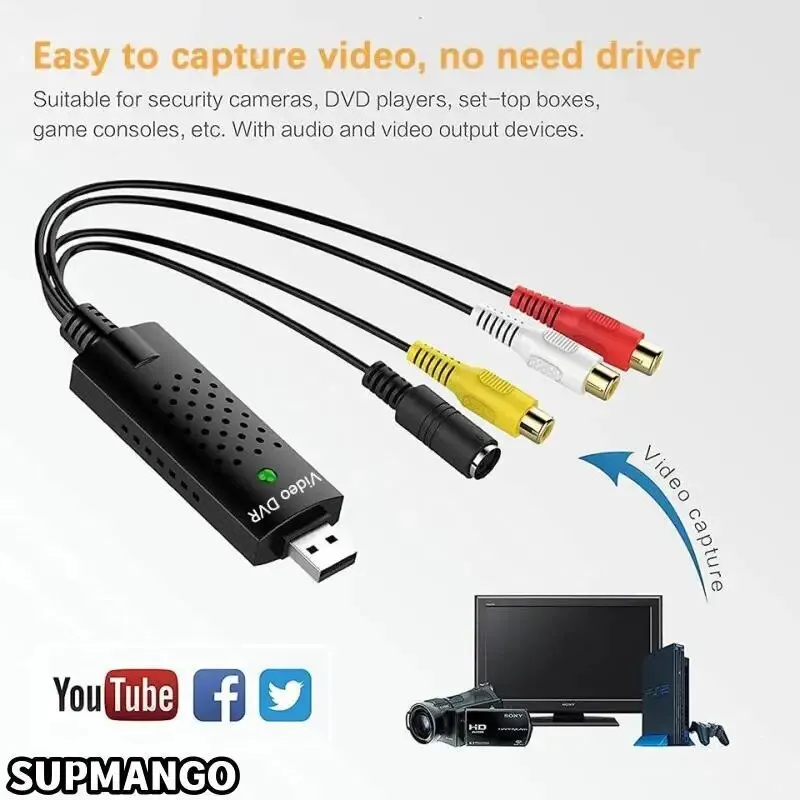 Conversor de áudio e vídeo usb 2.0, placa de captura, fácil tampa, conversor de áudio e vídeo, tv, dvd, vhs, placa adaptadora de captura de áudio, tv, vídeo, dvr