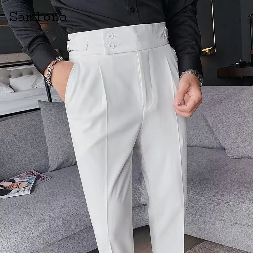 2023 Mens Elegant Formal Party Suits Pants Solid White Grey Pencil Trouser Korean Fashion Waist Buckle Suit Pants Men Streetwear