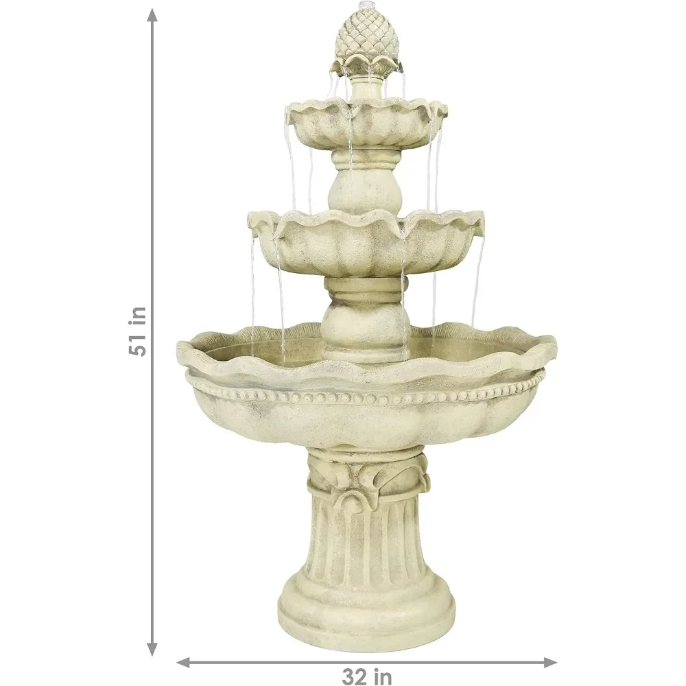 51-Inch H 3-Tier Outdoor Water Fountain with Pineapple Top，for Garden Patio Backyard Deck - White