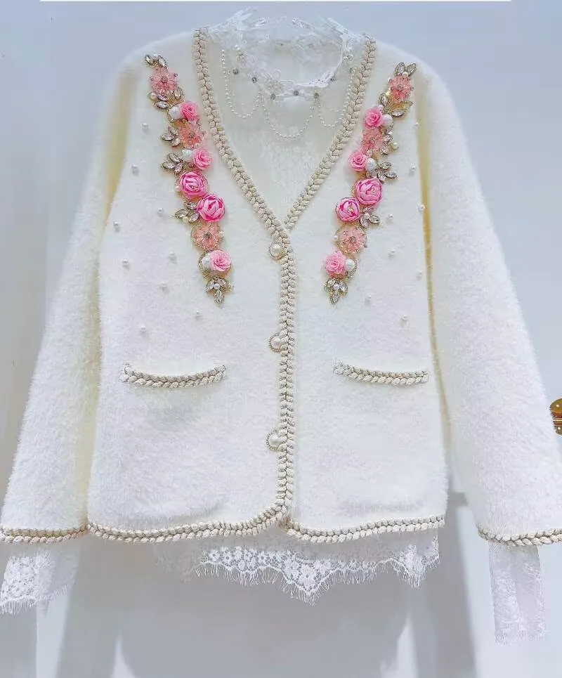 

Velvet Thickened Jacket Women's Autumn Winter New Coats Beaded 3D Flower Warm Top