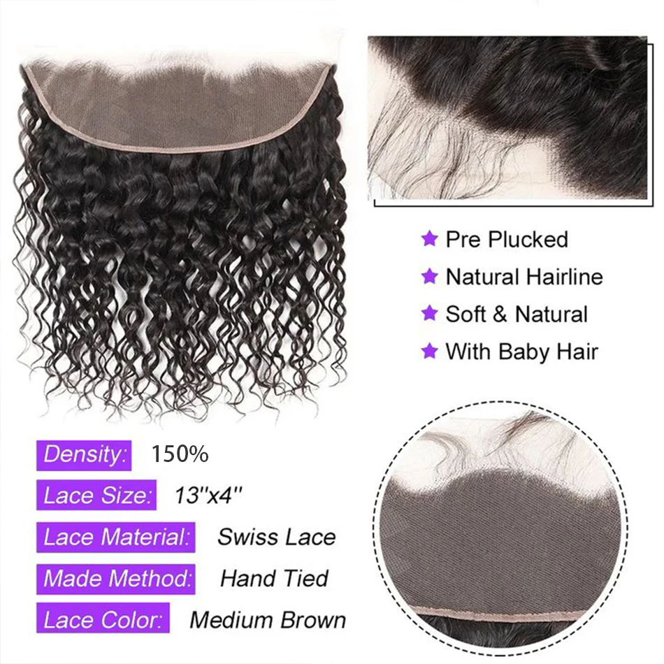 Bundles de cheveux humains Deep Wave, fermeture à lacet 13x4, cheveux Boby, 100% non transformés, document naturel, 3