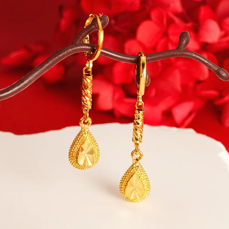 

Classic 18k Gold Color Retro Long Water Droplets Earrings for Women Bride Birthday Wedding Engagement Party Fine Jewelry Gifts