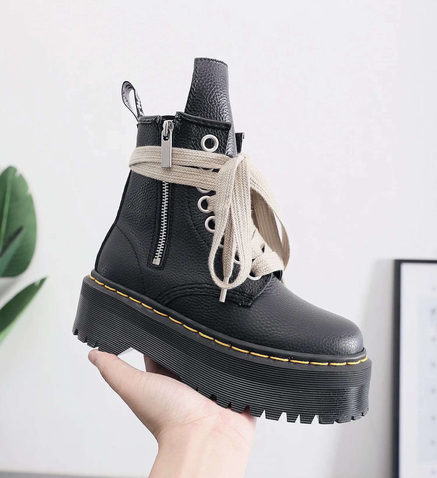 Back Zipper Botas Mujer 2024 Tendencia Lychee Pattern Black Leather Short Boots For Women Muffin Thick Flat Sole Bandage Tacones