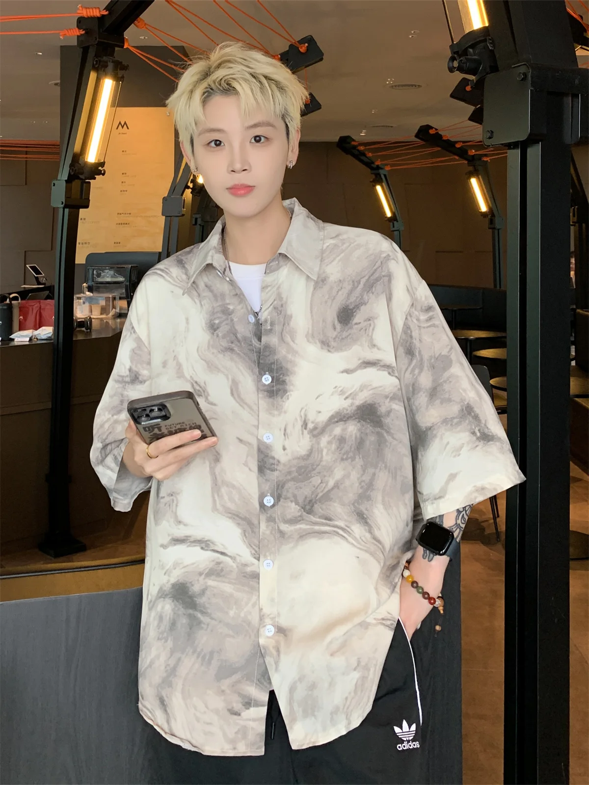 

Ice Silk Dyed irt Men's Summer Loose Fit ort Sve Casual Outerwear Water-Media Tie-Dye Sle Qui-Drng Youth Trend