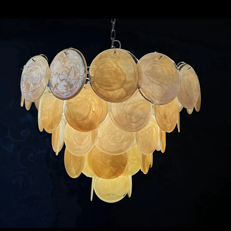 Contemporary Murano Glass Disc Chandelier Metal Gold Silver Finish Dimmable Ceilings Lustre for Hotel Bedroom