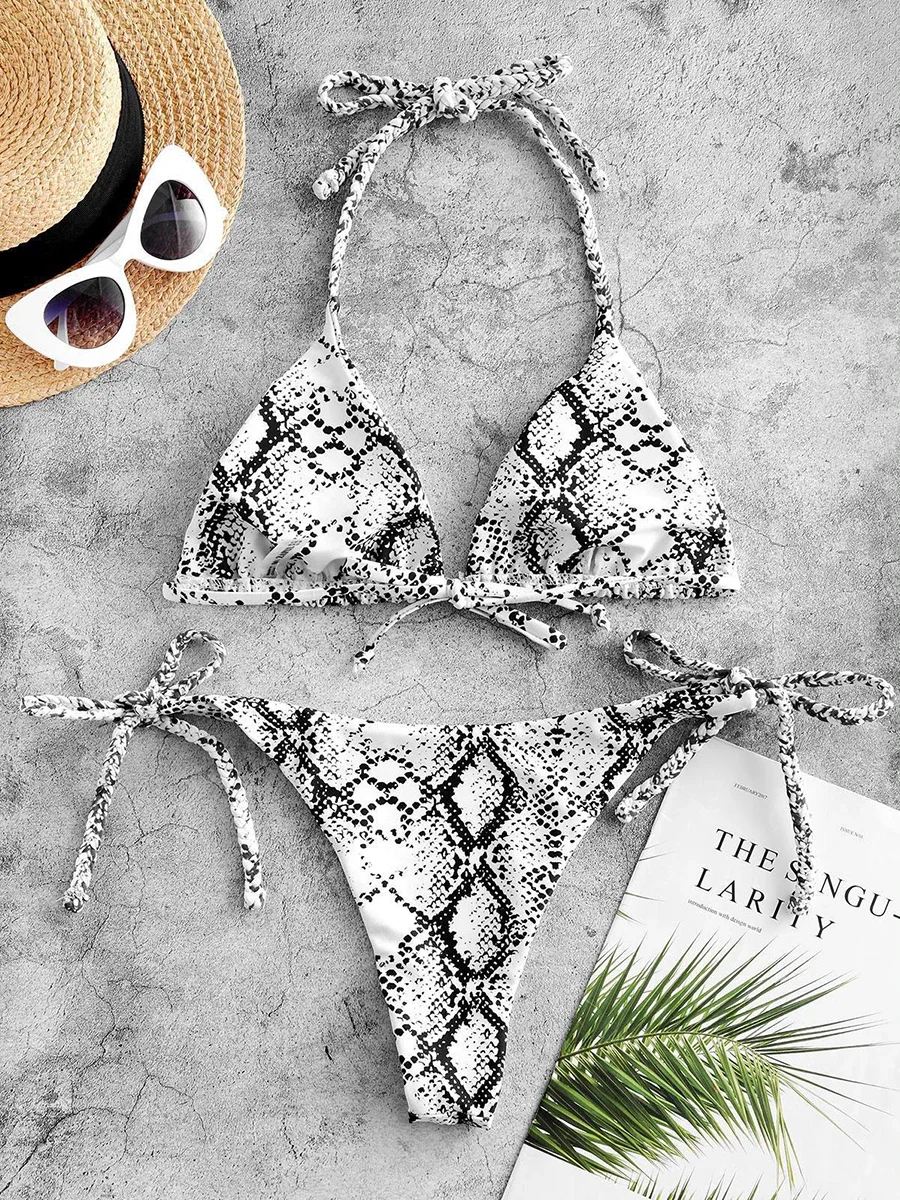 Sexy Snake Print Micro Bikini 2024 Women Swimsuit Female Swimwear Thong Crochet Bandage Bikini Set Brazilian Halter Bathing Suit