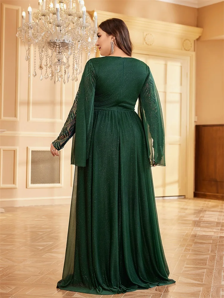 XUIBOL Plus Size Long Sleeve Sequin Green Evening Dress 2024 Floor Length Women Sparkle Bling Bling Family Party Cocktail Dress