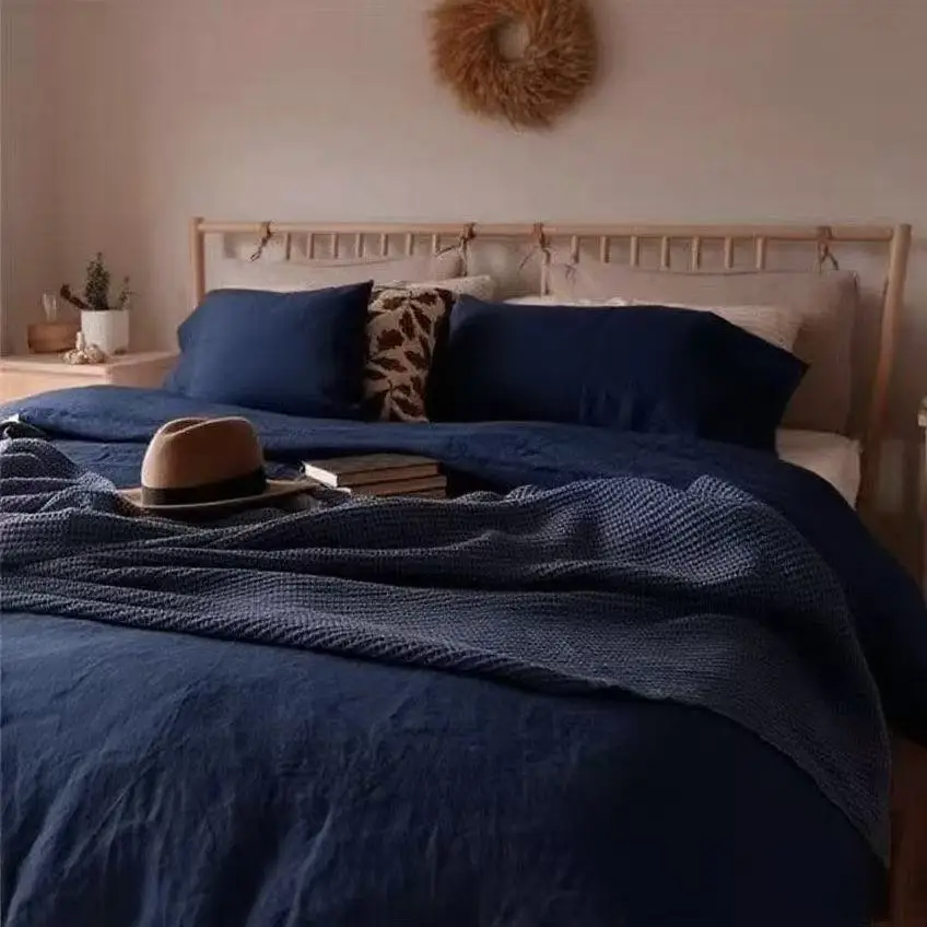 100% Linen Dark Blue Bedding Set Healthy Skin Breathable Queen King Duvet Cover Set Fitted Sheet Pillowcase Bed Linen