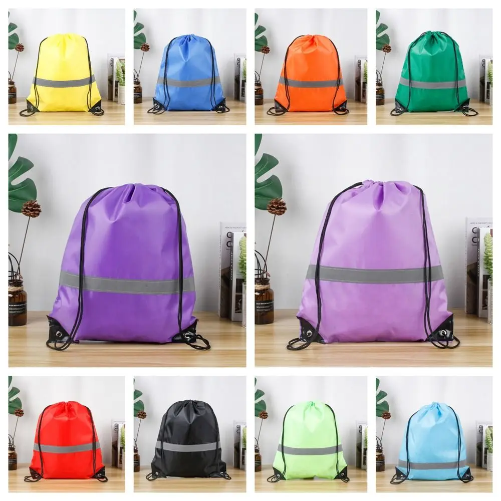 Reflective Stripe Drawstring Gym Backpack Waterproof Solid Color Nylon Sports Shoulder Bag 210D Polyester Foldable