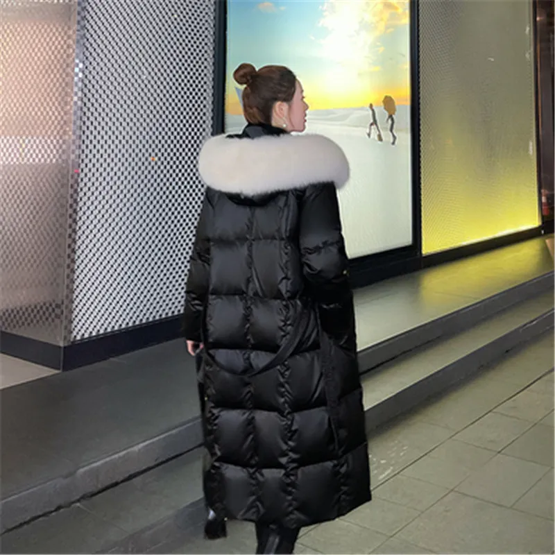 Abrigos de plumón de pato blanco 90% con cuello de piel de zorro Real para mujer, Chaqueta larga brillante para nieve, Parkas largas sueltas de