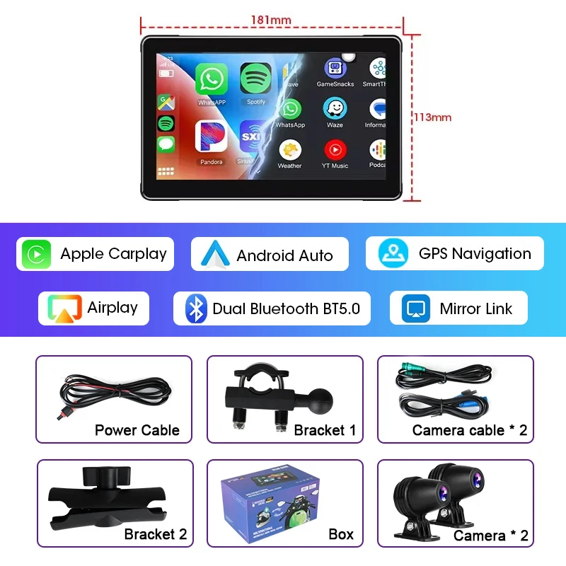 Jansite 5/7 Zoll Carplay Motorrad-DVR-Navigation GPS Wireless CarPlay Android Auto IPX7 Display-Bildschirm Tragbarer Moto-Monitor 3