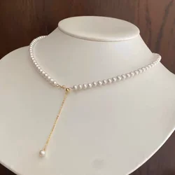 18k Gold Natural Small Pearl Necklace For Women,Real Gold Freshwater Round Pearl Necklace Wedding Baby Necklace Fine Gift