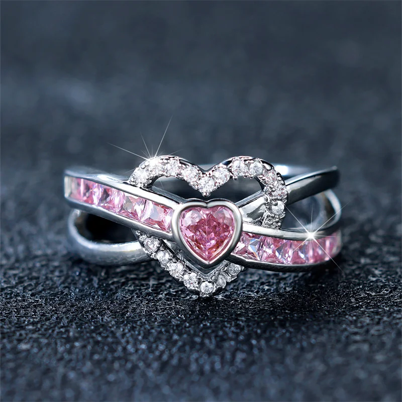 Cute Female Pink Zircon Stone Ring Trendy Silver Color Heart Engagement Rings For Women Bride Wedding Jewelry Gift