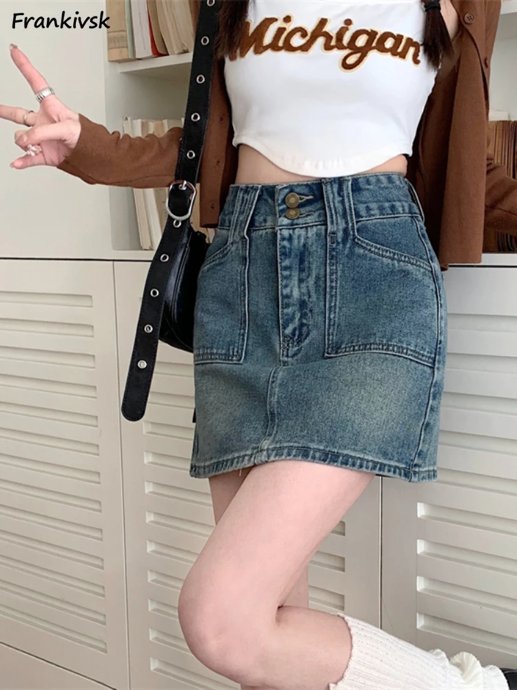 

Denim Skirts Women A-Line All-Match Retro Simple High Waisted Pockets Summer Korean Style Elegant Chic Students Fashion Leisure