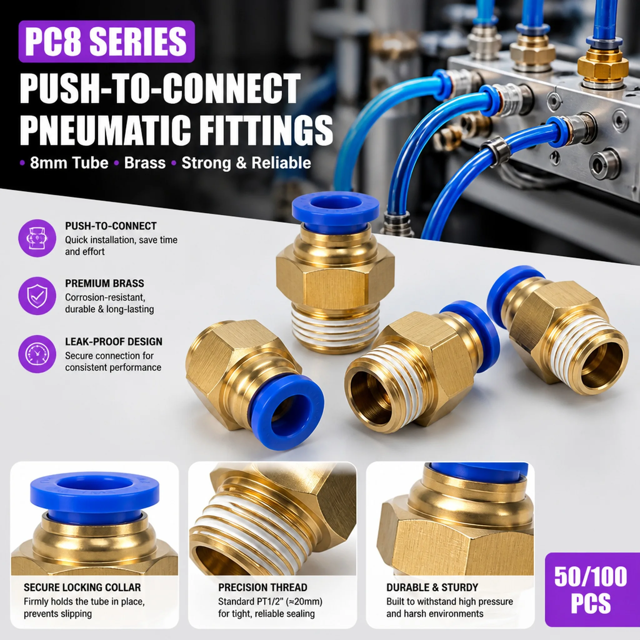 50 100 Pcs Brass Air Hose Adapter PC8 Pneumatic Quick Connect Fittings 8mm Tube 1/8 1/4 3/8 1/2 Inch Thread Push to Connect