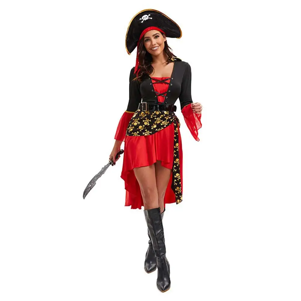 Adult Female Pirate Cosplay Red Dress Costume Outfits Halloween Carnival Top Skirt Hat Set Suit Costume