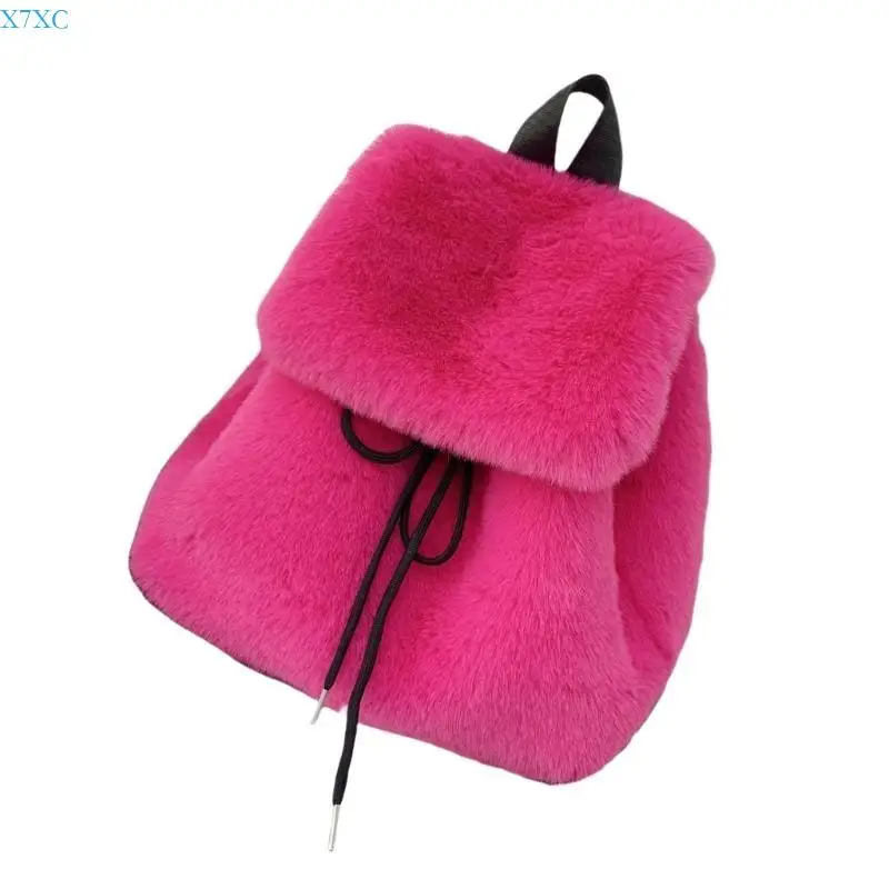 

X7XC Trendy Soft Furry Plush Warm Small Backpack Fuzzy Covers Shoulder Bag with Drawstring for Women and Girls Daily Use