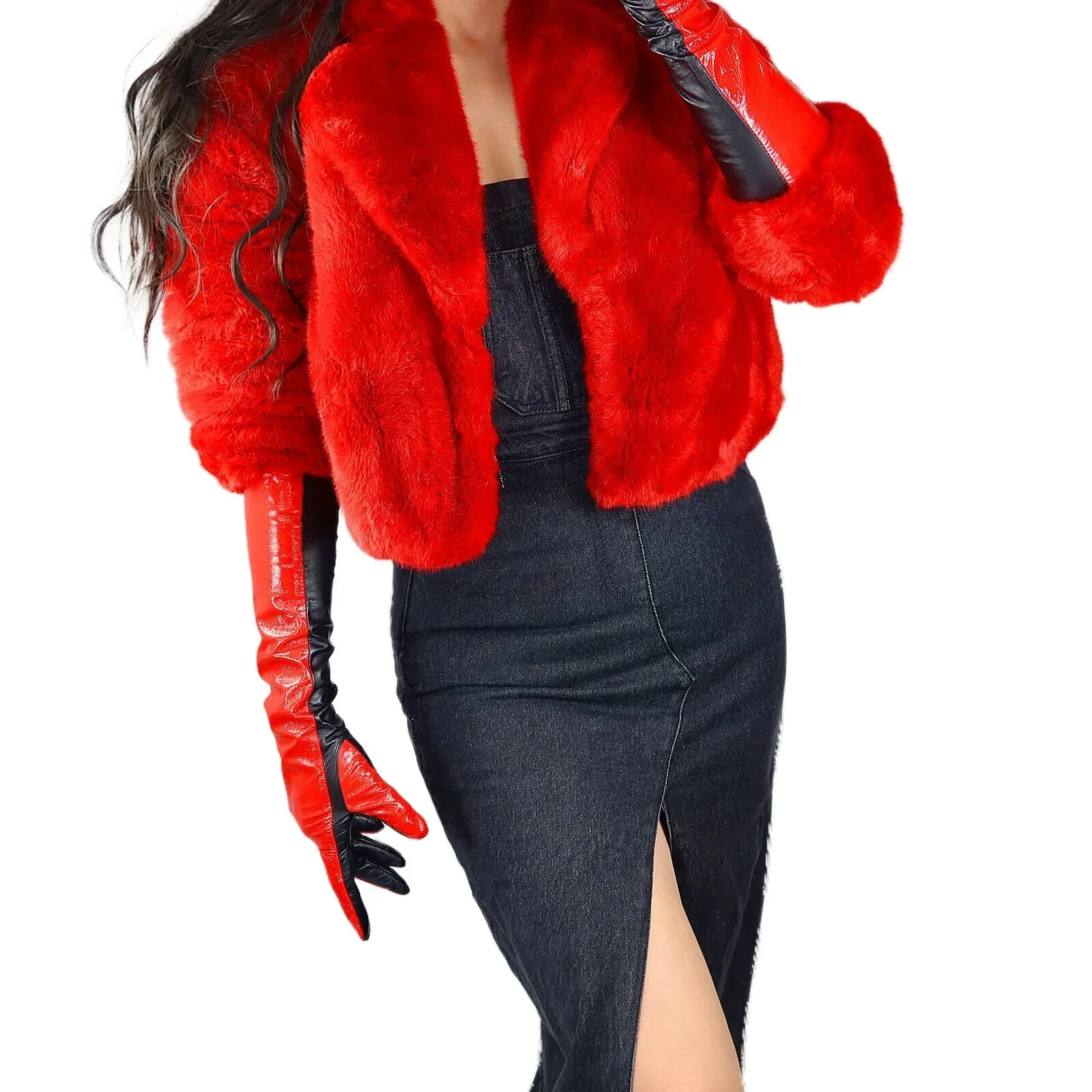 dooway-シャインレッド本革ラテックス手袋テックリアルレザー-45-センチメートル肘ツートーンラムスキンファッションクラブハロウィンパーティーグローブ