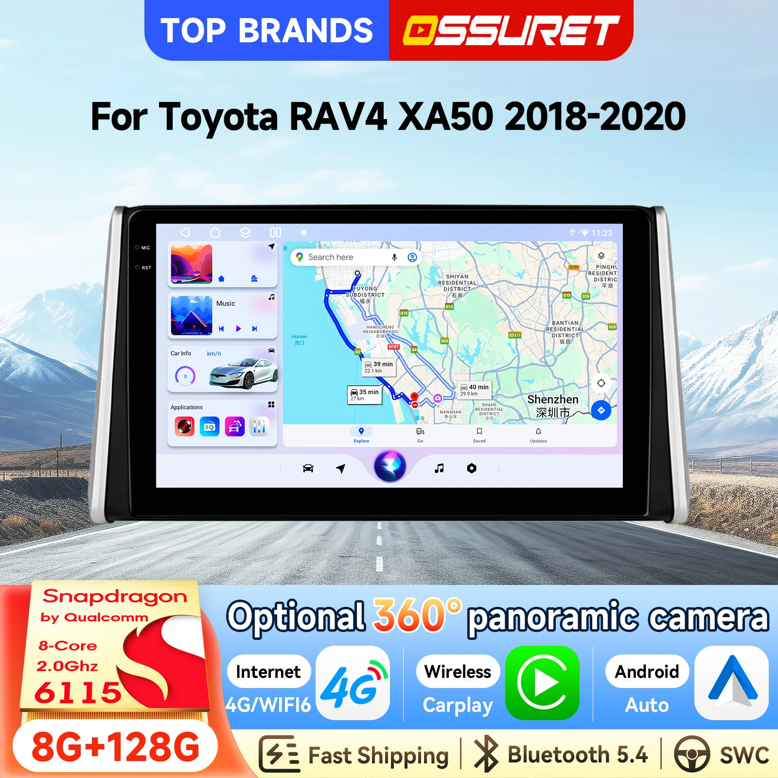 OSSURET Schneller Versand 2 Din 10,1 Zoll GPS Carplay Android 15 Autoradio für Toyota RAV4 2018-2020 Autoradio Android Auto Bluetooth Intelligenter Touchscreen von Qualcomm Snapdragon 6115 WIFI SWC