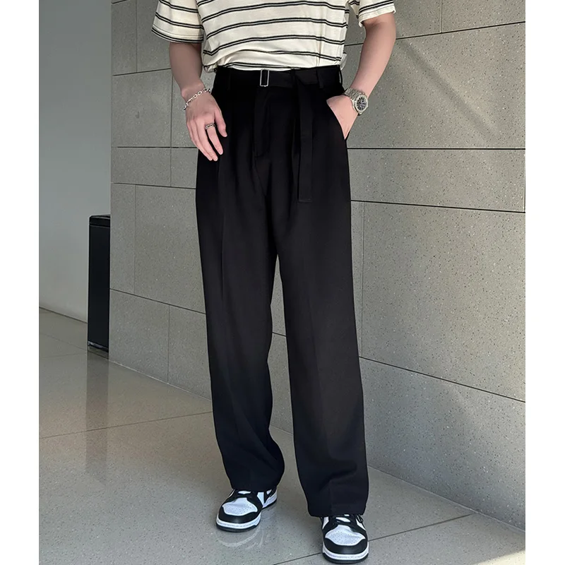 Men\'s Korean Streetwear Fashion Loose Vintage Waistband Casual Straight Suit Pants Commuting Long Trousers for Men