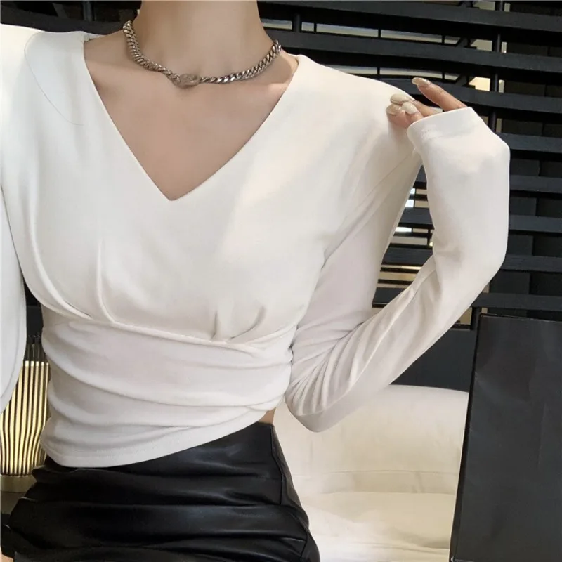 Lange Mouw T-Shirts Vrouwen Herfst Kantoor Dames Temperament V-Hals Crop Tops Effen Innerlijke Casual All-Match Koreaanse Stijl Trendy