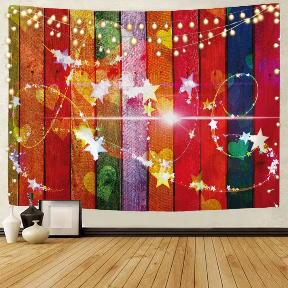 Color Tapestry Large Vertical Board Stars and Colored Lights Design Woodworking Village Life Wall Hanging Wall for Bedroom Decor