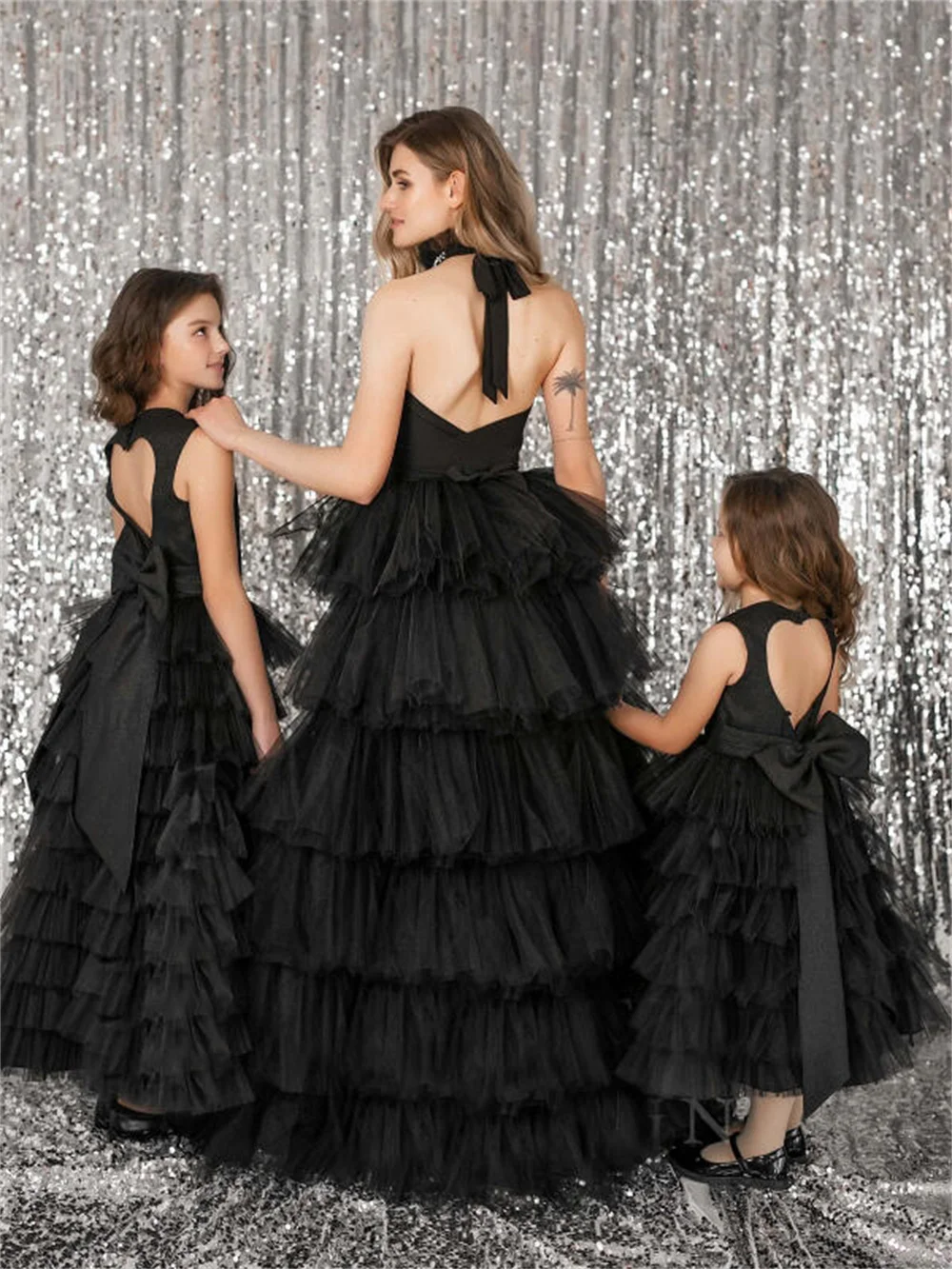 Princess Pure Color Tulle Flower Girls Dresses Sparkly Cascading Ruffles A-Line Sleeveless Mother And Daughter Party Ball Gowns