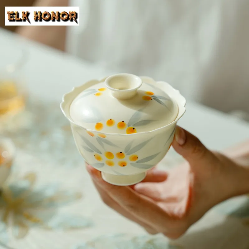 

130ml Pure Hand-painted Loquat Gaiwan Zen Tea Tureen Household Tea Bowl with Lid Kit Tea Making Cover Bowl Tea Ceremony Gift