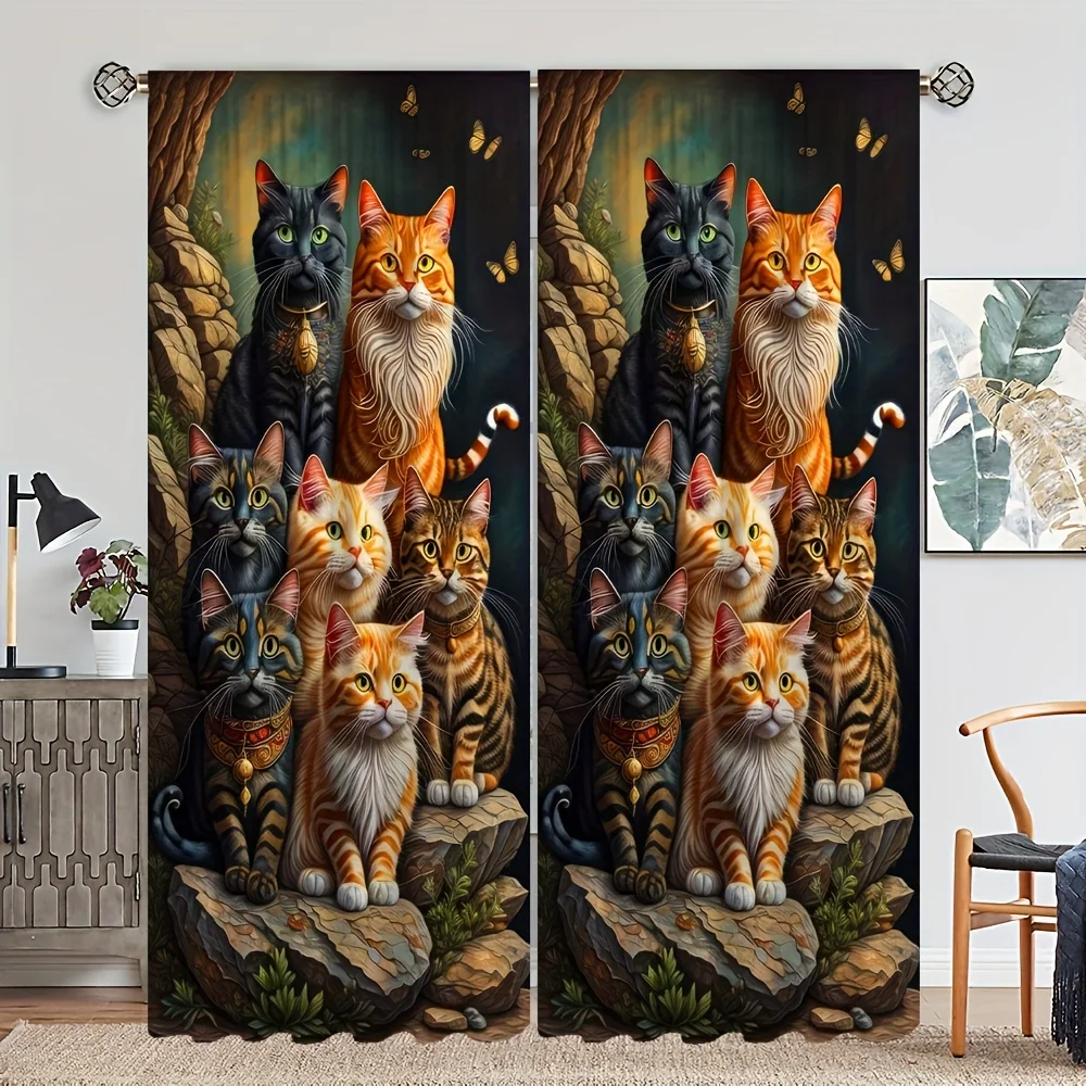 2PCS Window Curtains Cute Animal Cat Print Curtains Can Be Customized Curtains For Living Room Kitchen And Bedroom