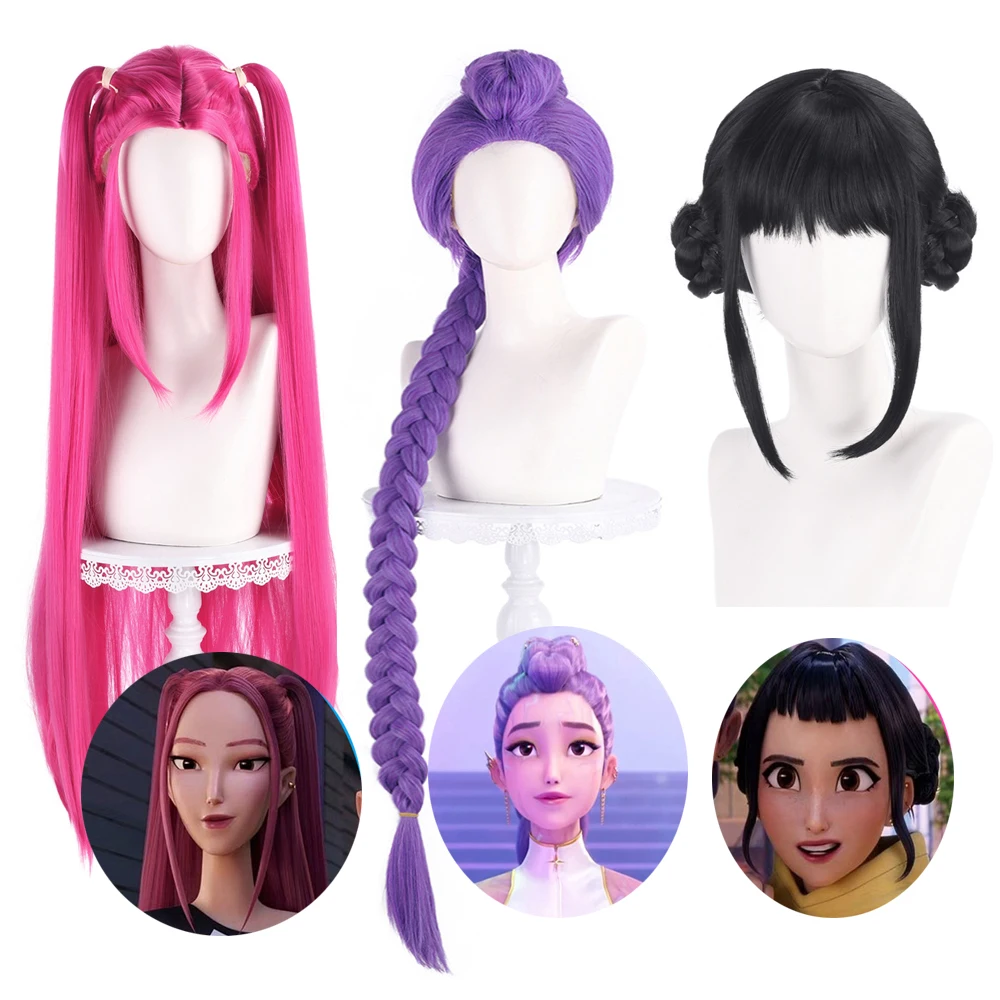 KPOP شيطان الصيادين رومي الأرجواني شعر مستعار تأثيري حفلة الهالوين الأرجواني أسود طويل الشعر مقاومة للحرارة بيروكات صناعية كرنفال الدعائم #1